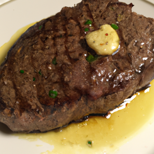 A perfectly cooked steak topped with melted garlic butter